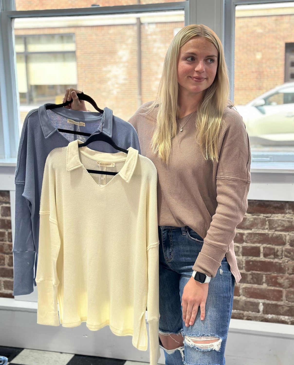 Waffle Collared Top, Color: Ivory, Size: XS