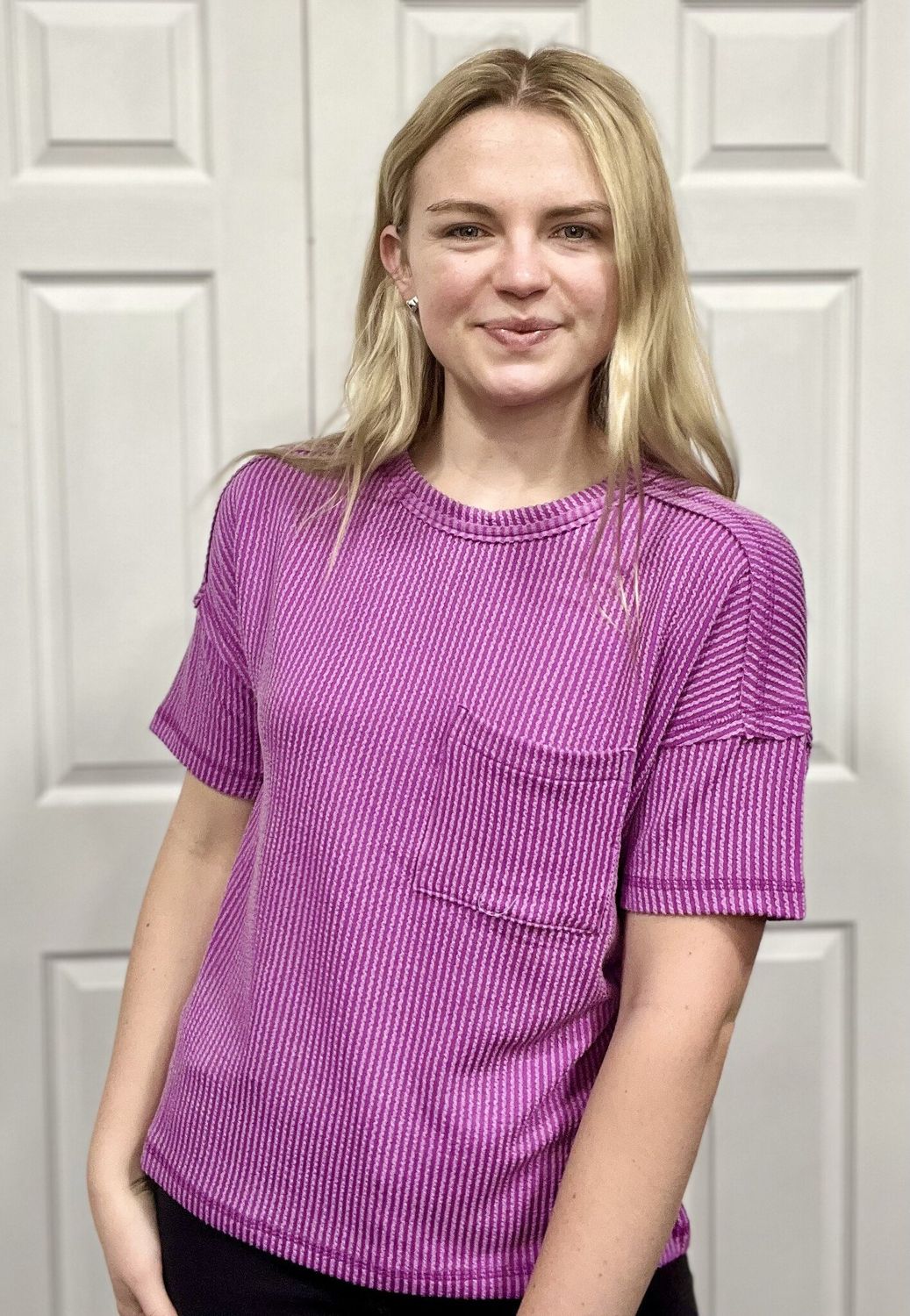 Plum Ribbed Short Sleeve Pocket Top