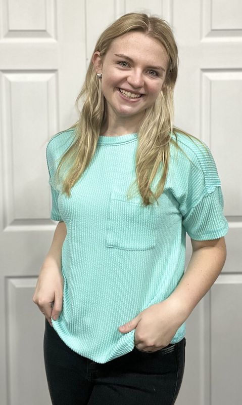 Mint Ribbed Short Sleeve Pocket Top