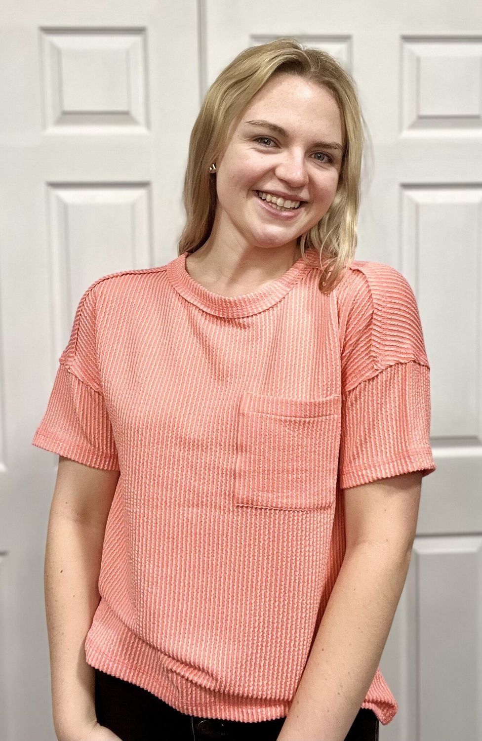 Coral Ribbed Short Sleeve Pocket Top