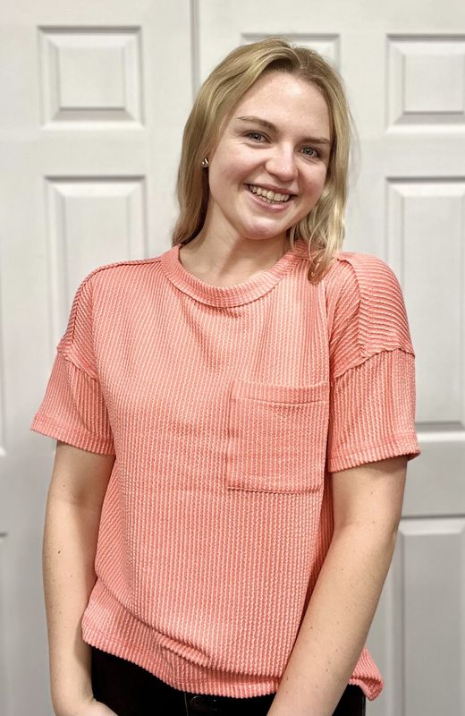 Coral Ribbed Short Sleeve Pocket Top