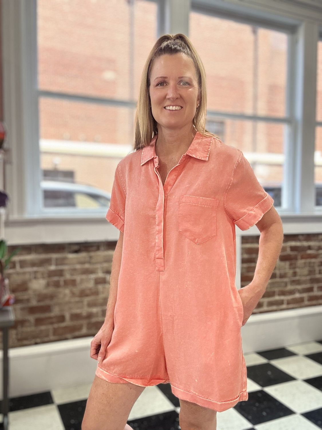 Classic Collared Romper in Coral