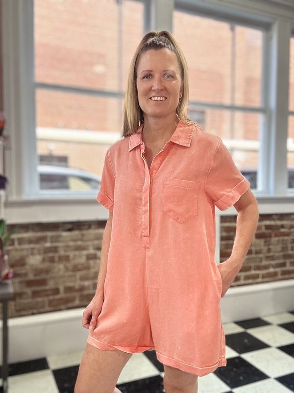 Classic Collared Romper in Coral
