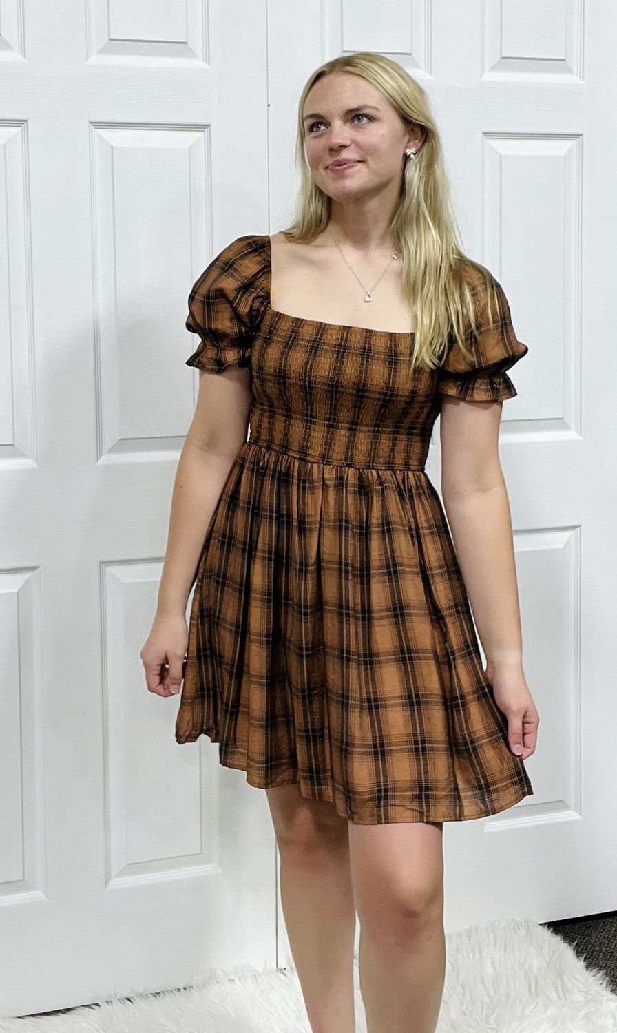Burnt Orange Plaid Puff Sleeve Dress