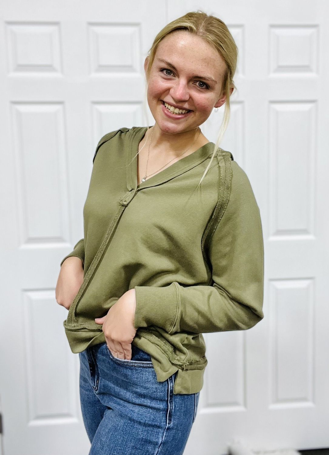 Olive Hooded V-Neck Top