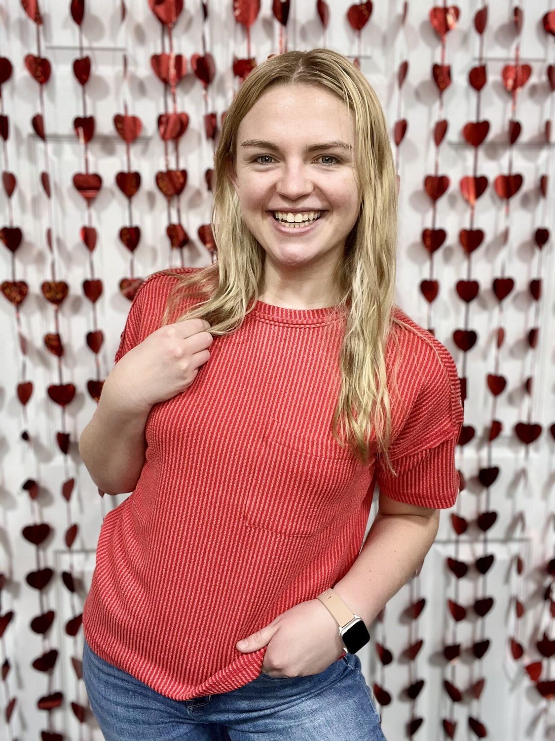 Red Ribbed Short Sleeve Pocket Top