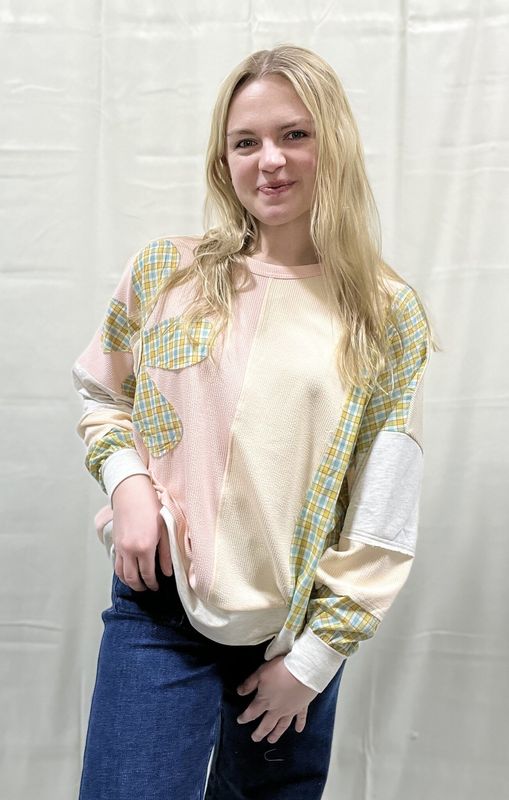 Peach Plaid Patch Flower Top