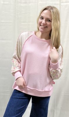 Pink Ribbed Floral Bubble Sleeve Top