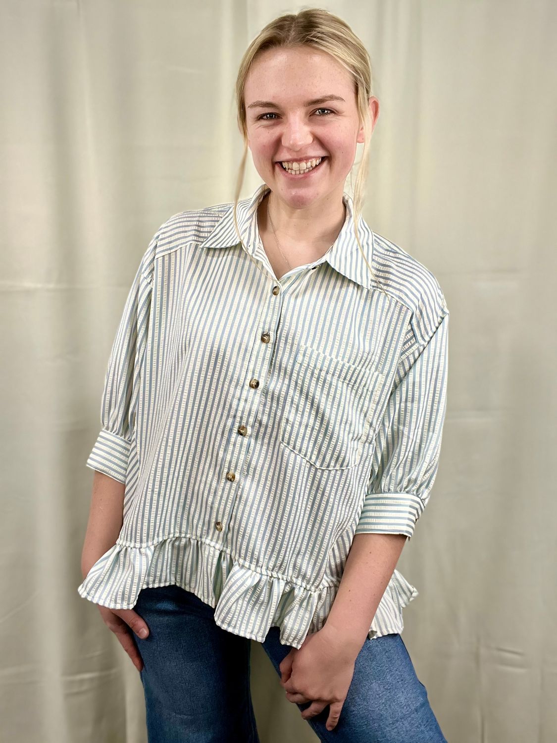 Light Blue Stripe Collared Button Up Top