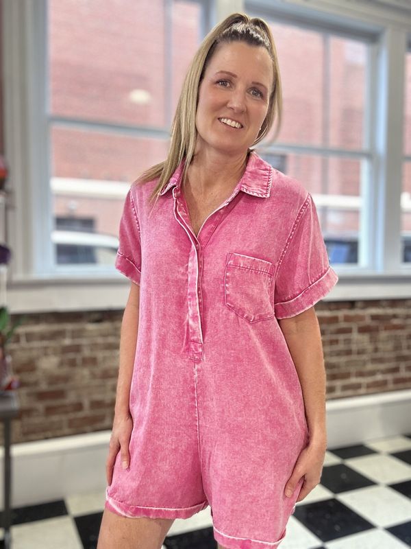Classic Collared Romper in Hot Pink