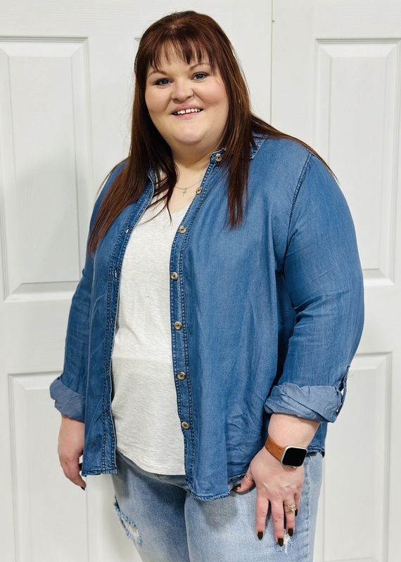 Chambray Long Sleeve Button Up Top