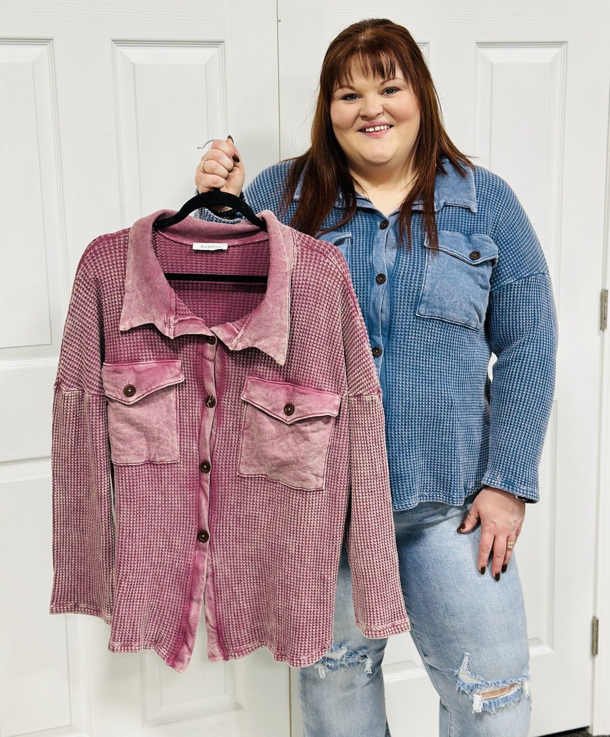 Vintage Wash Waffle Shacket, Color: Burgundy, Size: 1XL