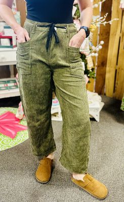 Olive Corded Barrel Pants
