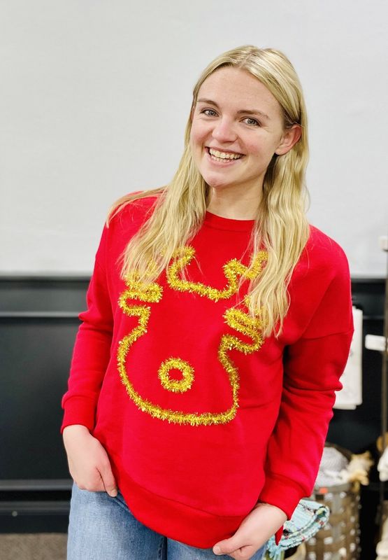 Red Tinsel Reindeer Pullover
