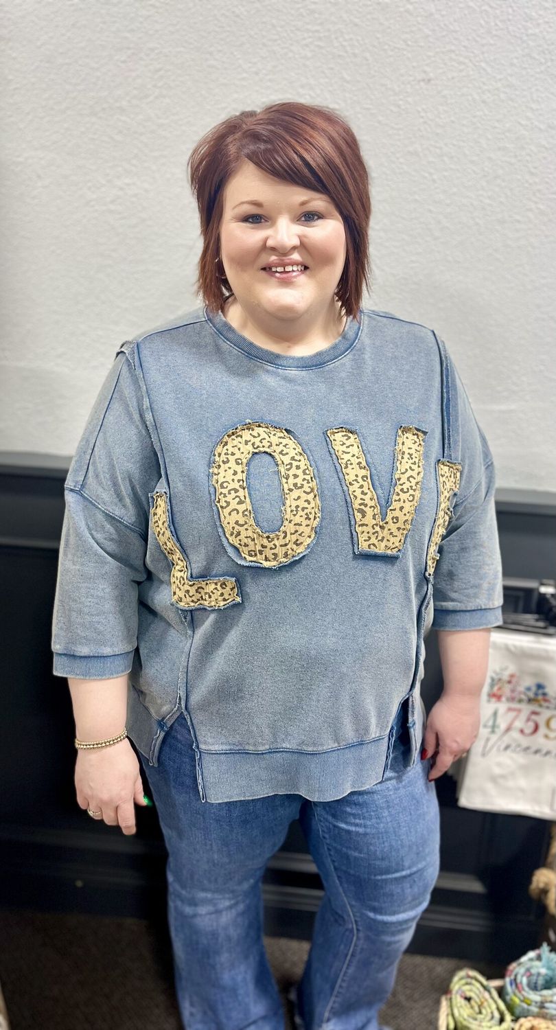 Washed Denim LOVE Leopard Patch Top