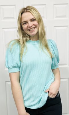 Mint Ribbed Puff Sleeve Top
