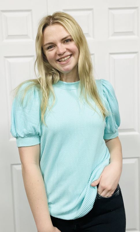 Mint Ribbed Puff Sleeve Top