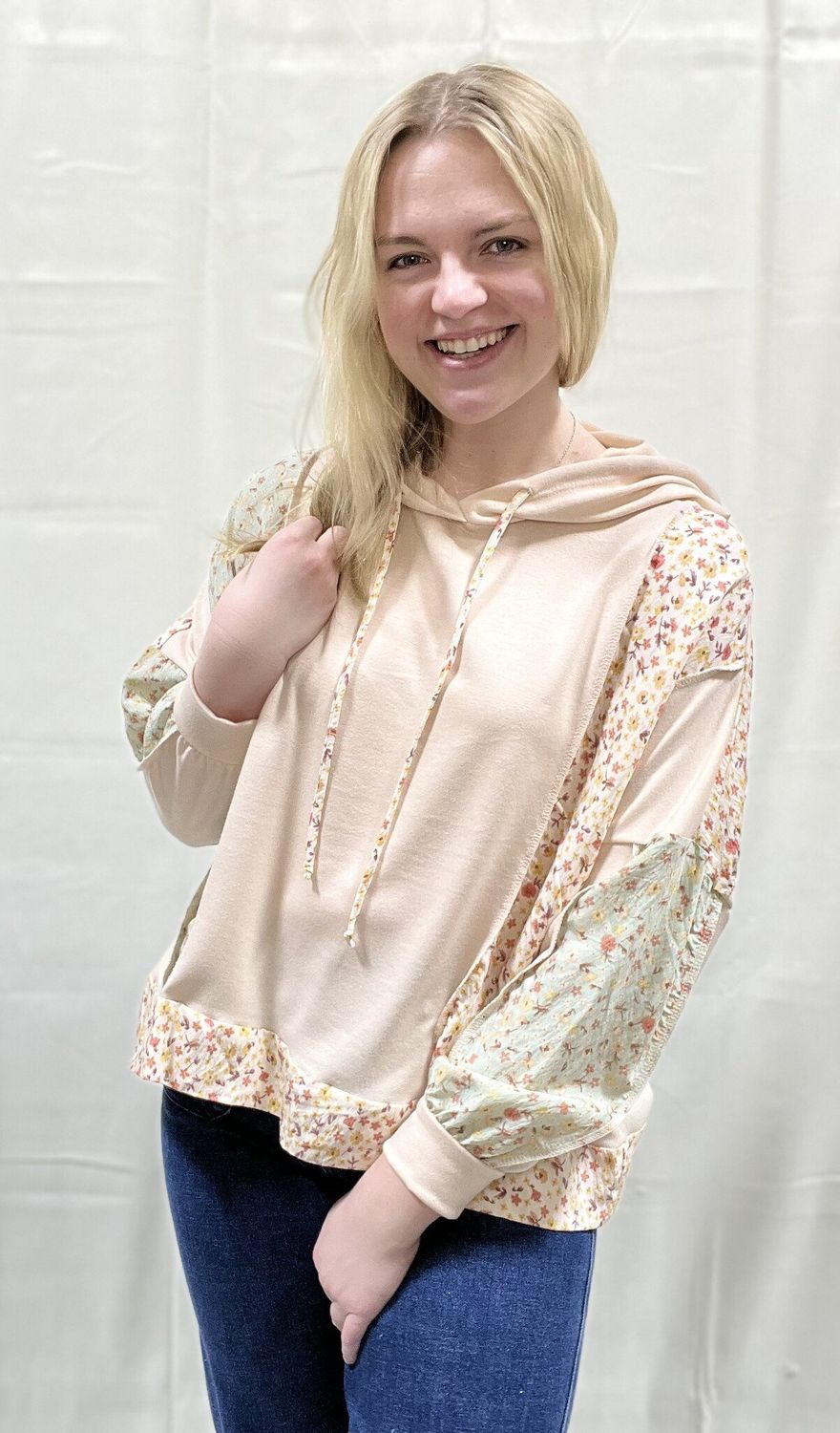 Oatmeal/Floral Colorblock Hooded Top