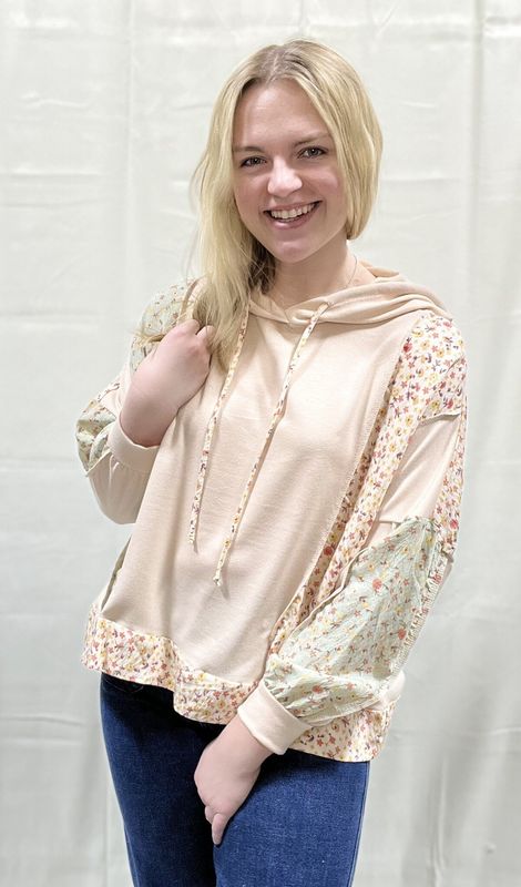 Oatmeal/Floral Colorblock Hooded Top