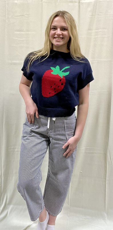 Navy Striped Barrel Pants