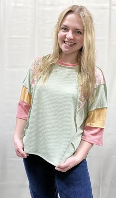 Mint Colorblock 3/4 Sleeve Top