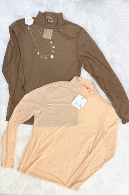 Champagne Mock Neck Sheer Top with Pearl Detail Champagne Mock Neck Sheer Top with Pearl Detail