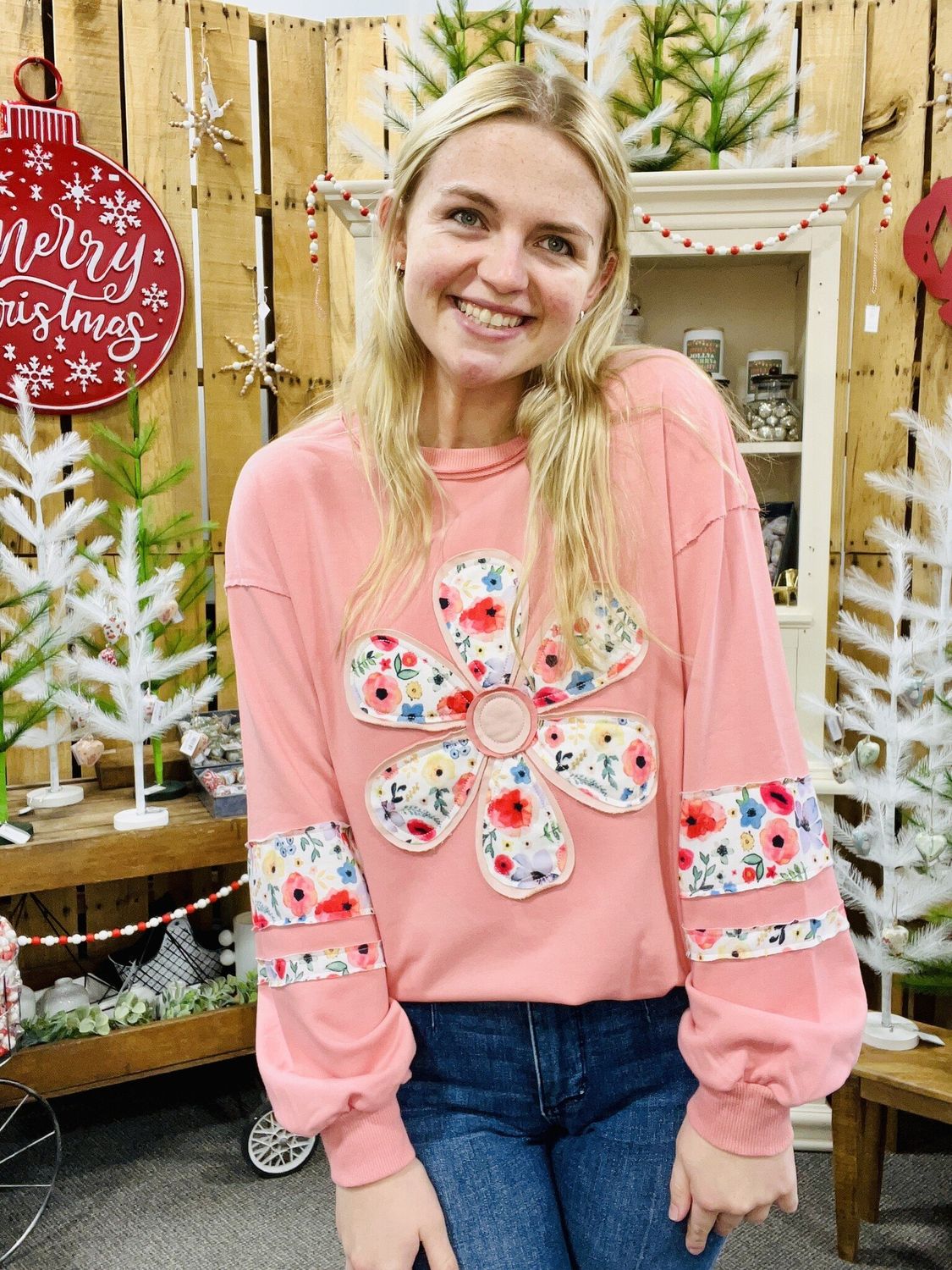 Rose Pink Daisy Appliqué Sweatshirt