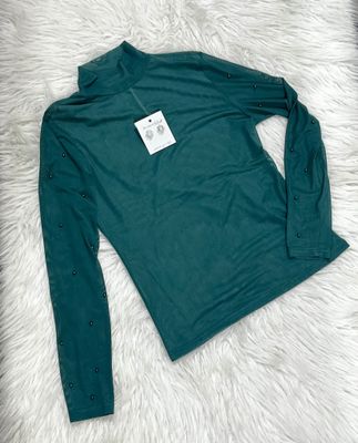 Green Mock Neck Sheer Top with Pearl Detail