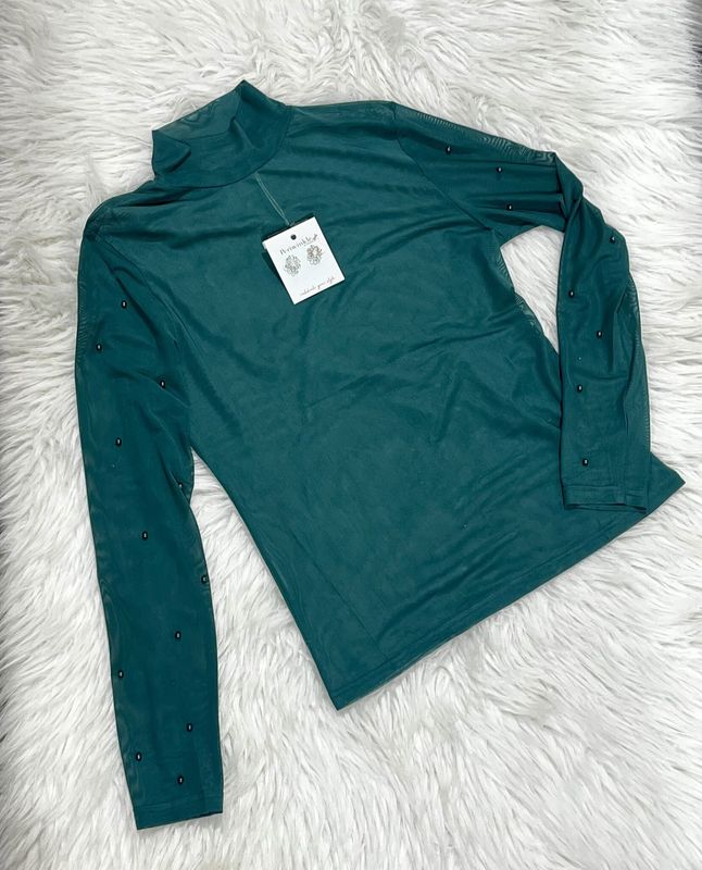 Green Mock Neck Sheer Top with Pearl Detail