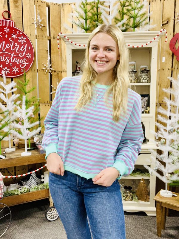 Green/Lavender Striped Oversized Pullover