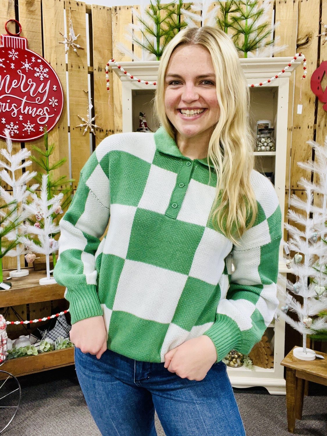 Green Checkered Collared Sweater