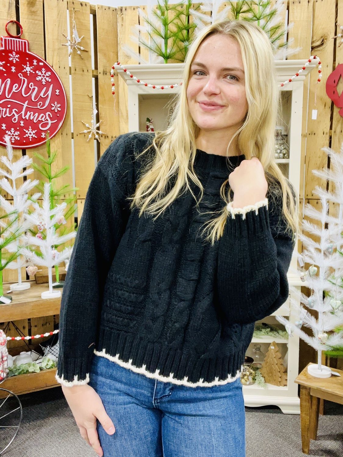 Black Cable Knit Sweater with Contrast Trim