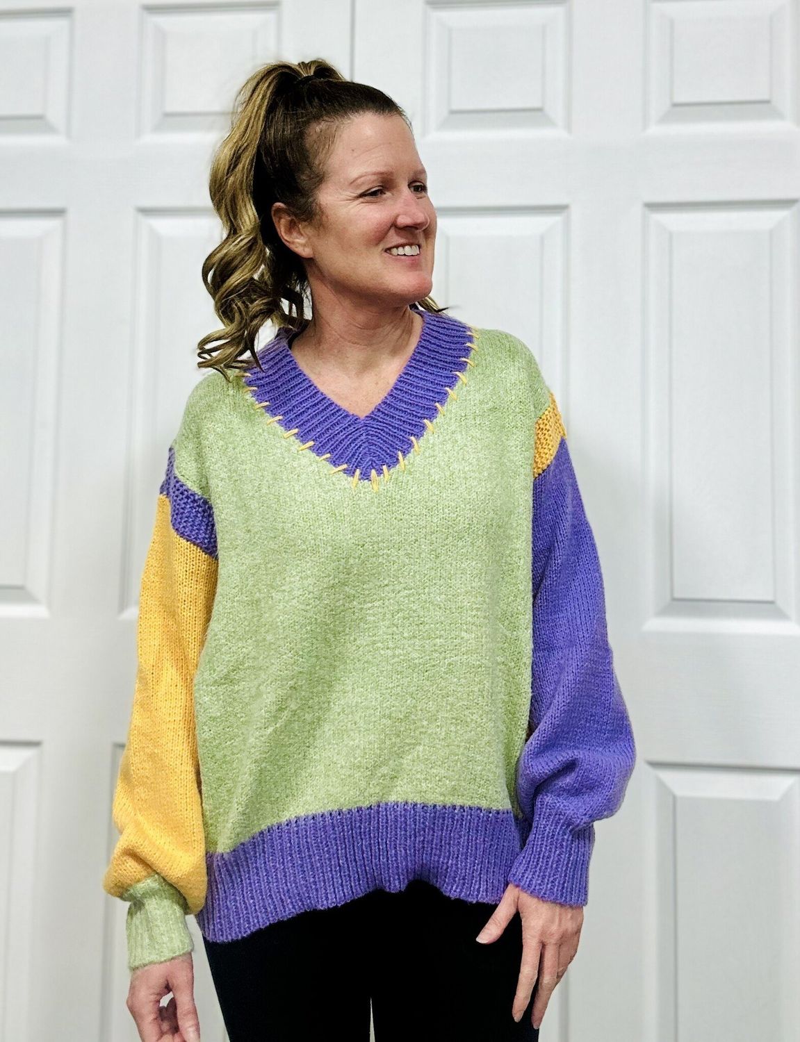 Sage V-Neck Block Sweater