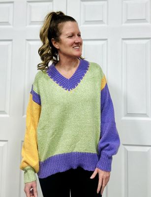 Sage V-Neck Block Sweater