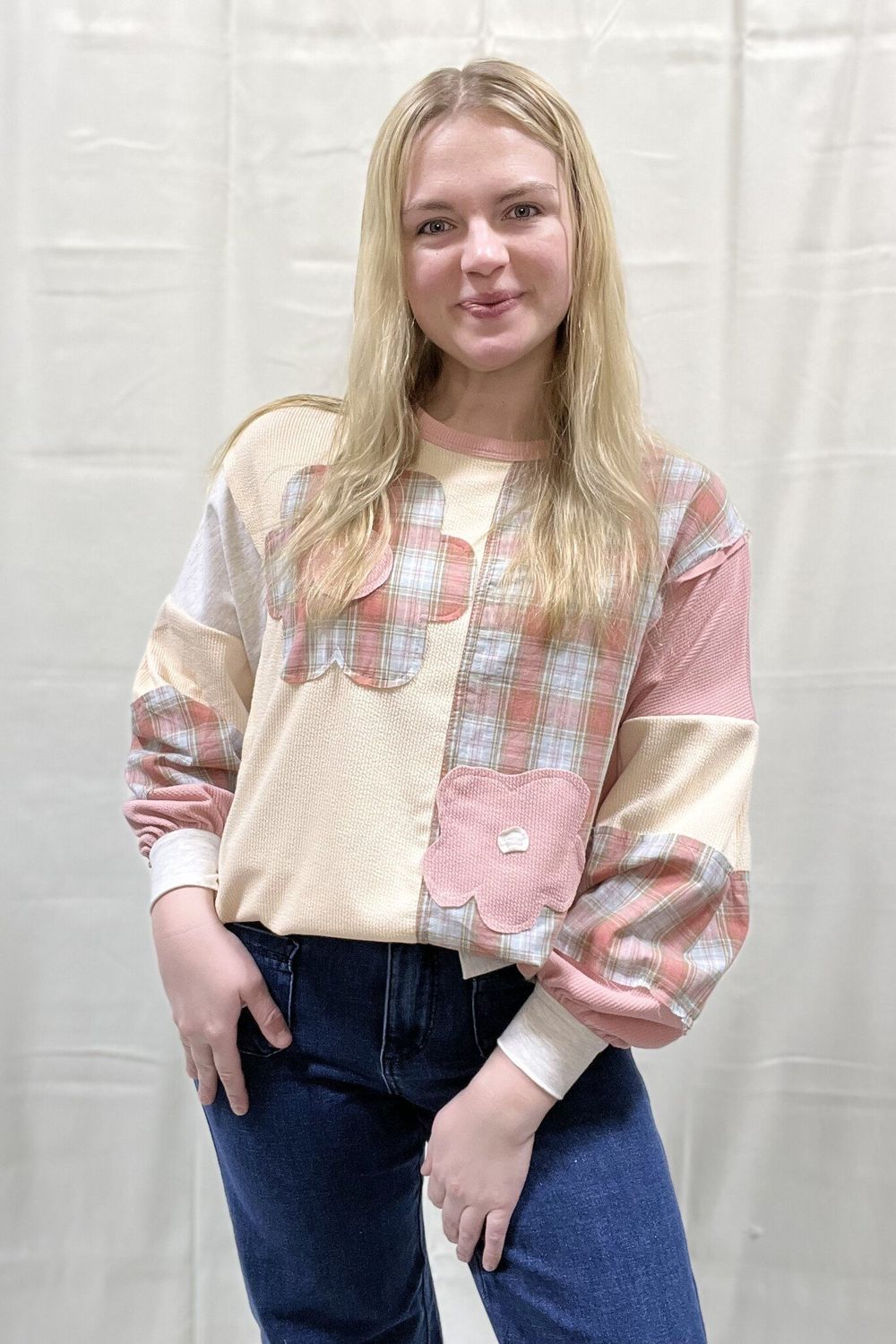 Dusty Rose Plaid Patch Flower Top