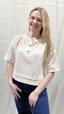 Cream Raw Edge Henley Top