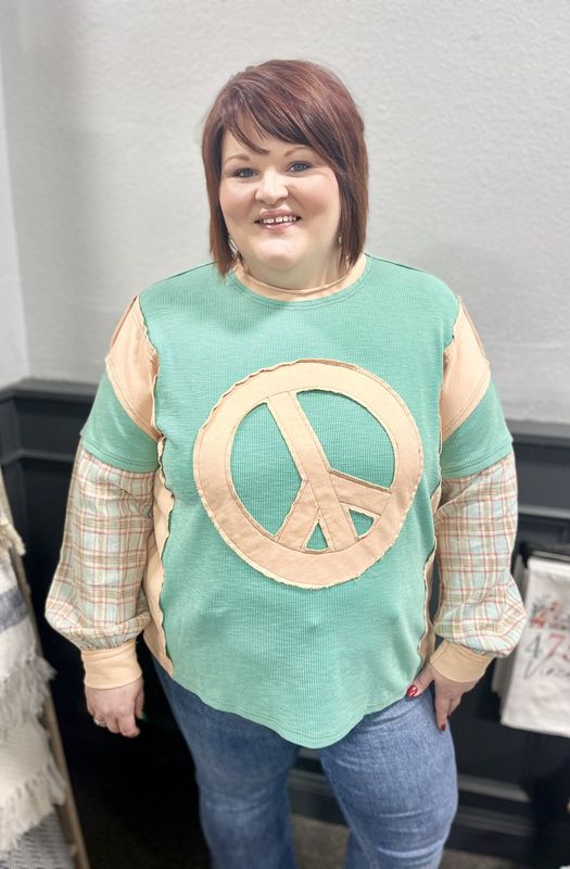 Mint Peace Plaid Sleeve Top