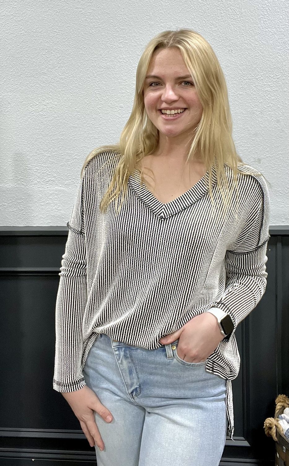 Black/White V-Neck Ribbed Top