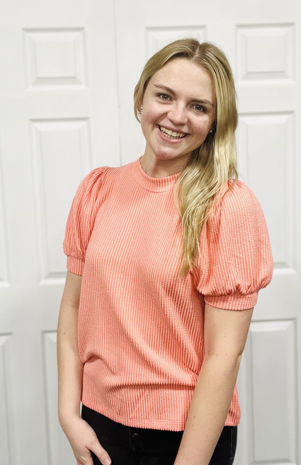 Coral Ribbed Puff Sleeve Top