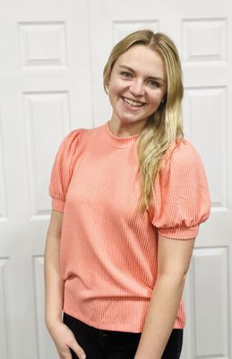 Coral Ribbed Puff Sleeve Top