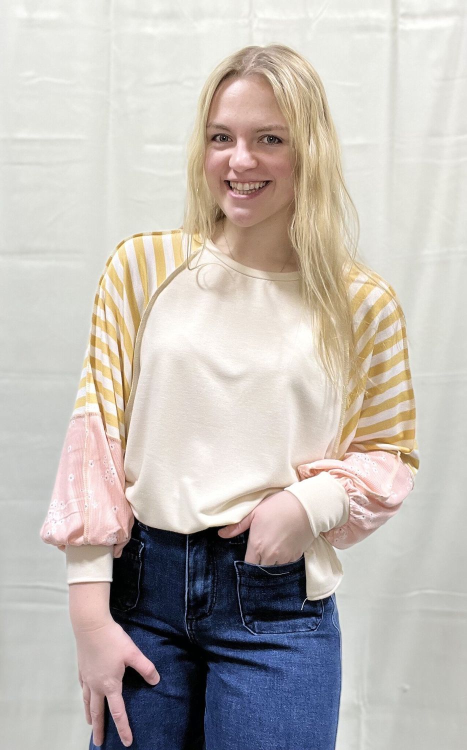 Oatmeal Top with Striped/Floral Sleeves