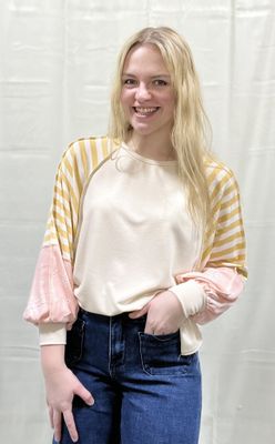 Oatmeal Top with Striped/Floral Sleeves