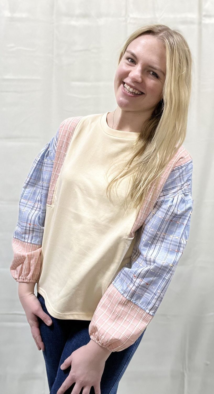 Oatmeal Top with Blush/Blue Plaid Sleeves
