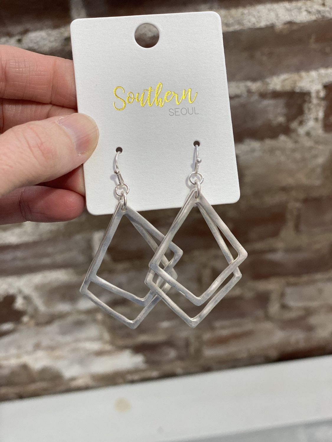 Matte Silver Double Diamond Drop Earrings