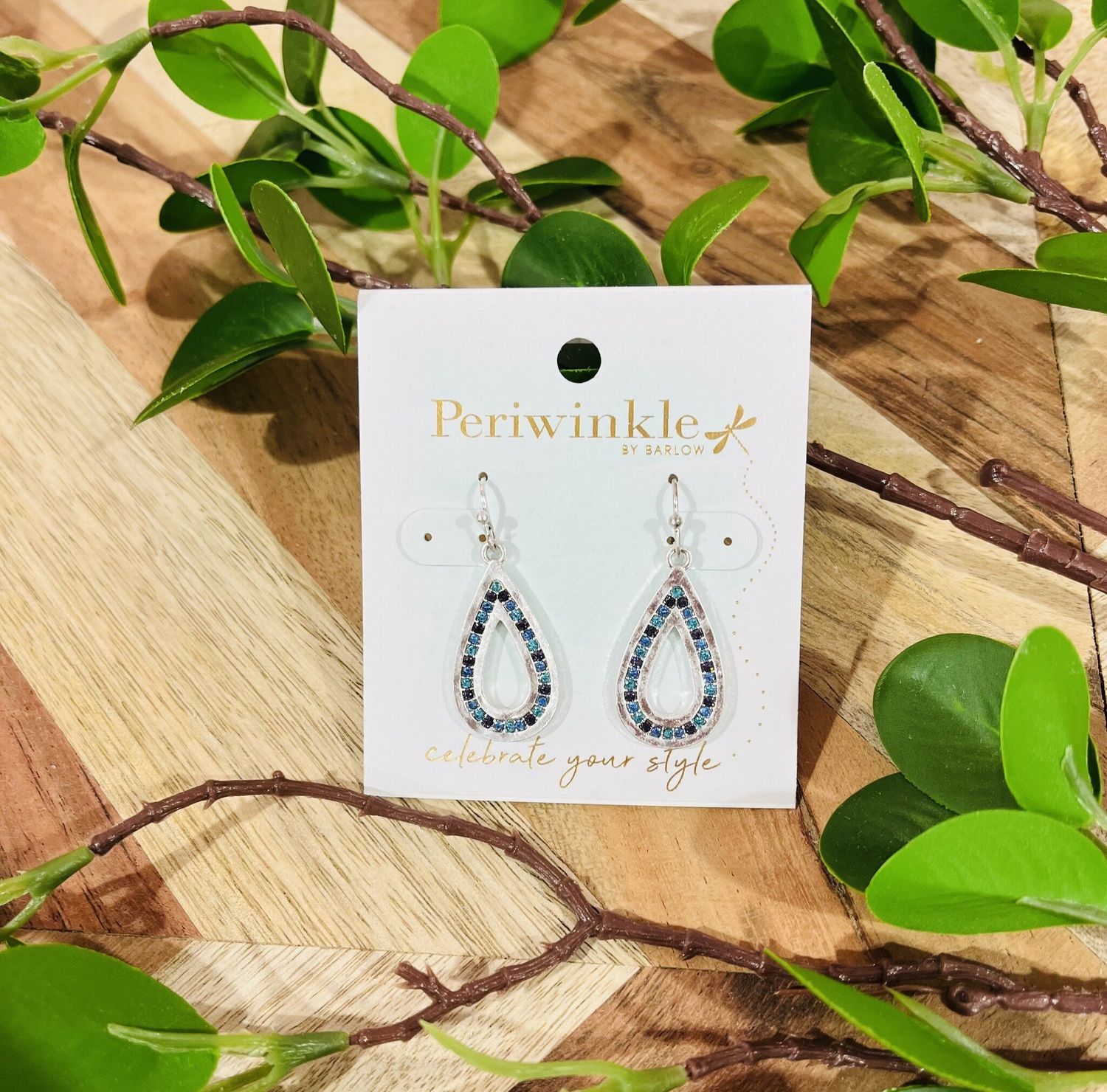 Silver Teardrop Earrings with Blue Crystals
