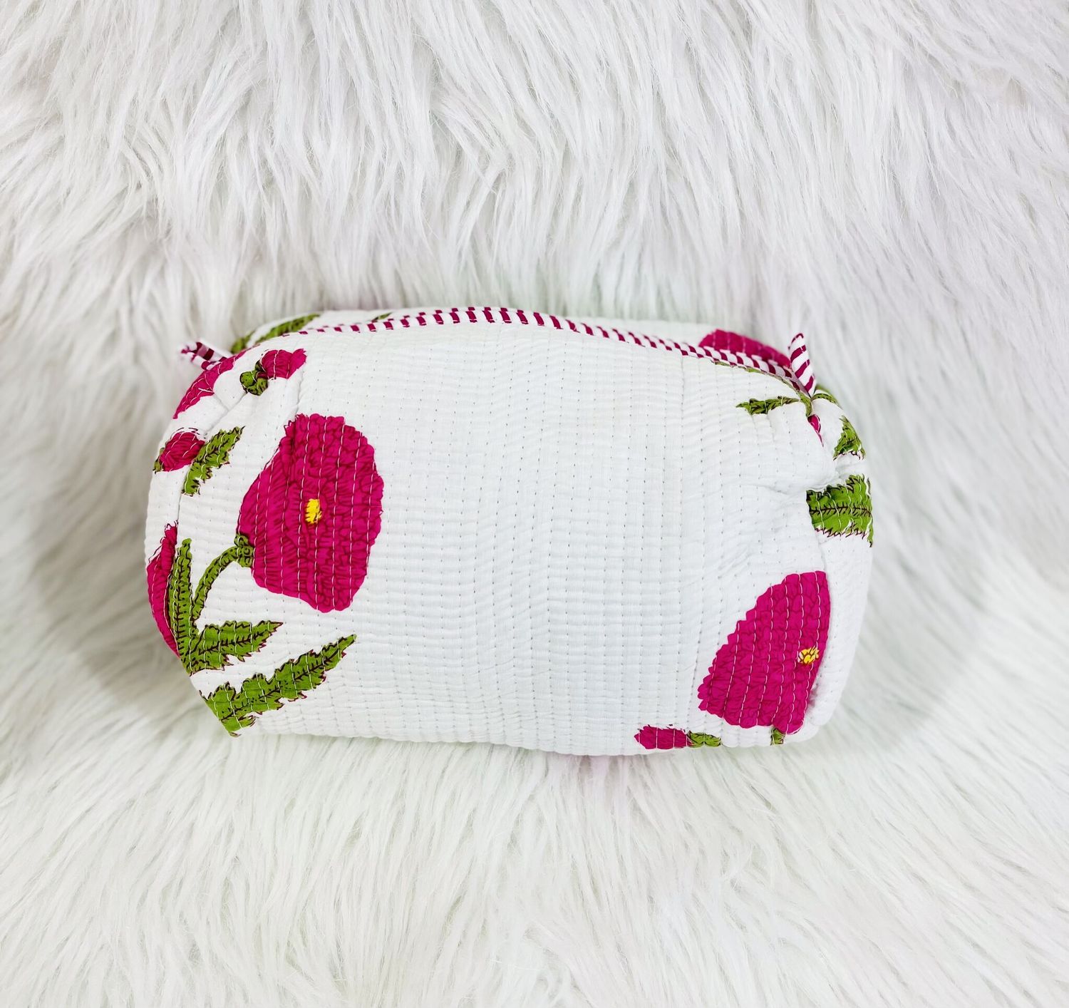 Quilted White Floral Cosmetic Bag-Large