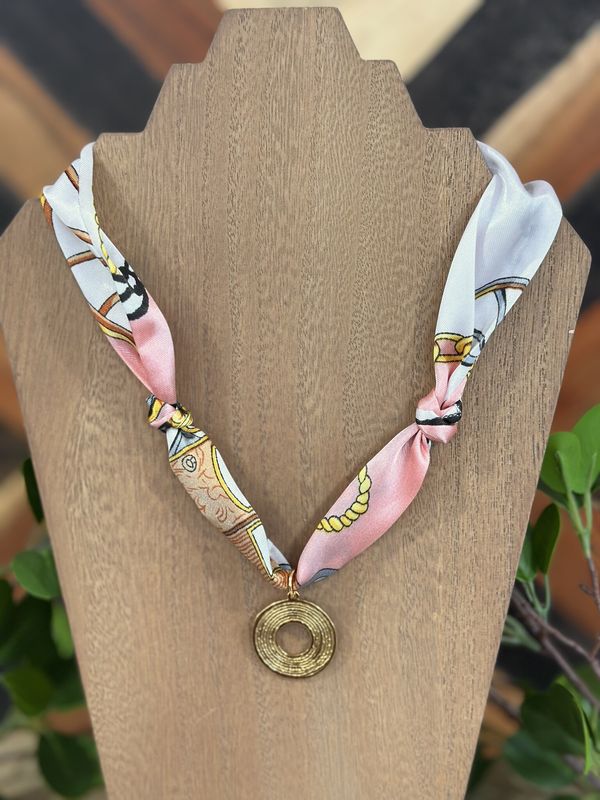 Pink Silk Scarf Circle Pendant Necklace