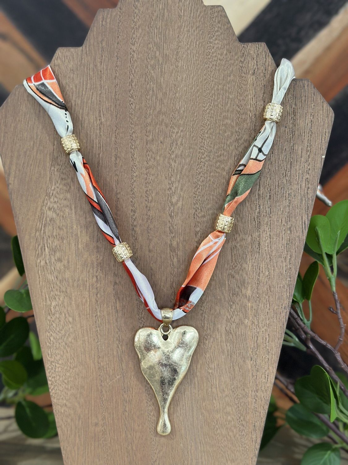Cream Silk Scarf Heart Pendant Necklace
