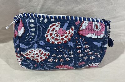 Quilted Navy Floral Cosmetic Bag-Medium