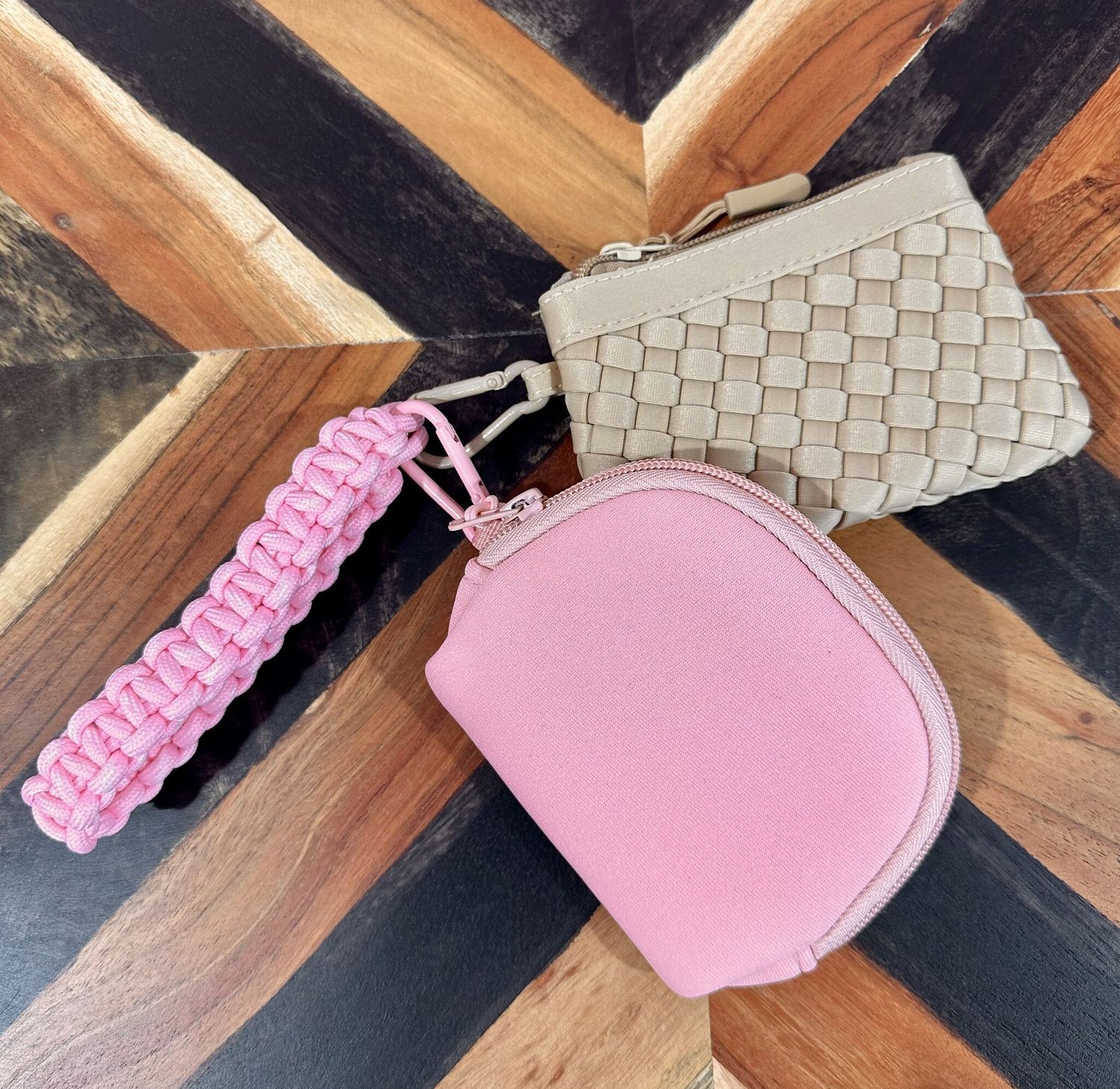 Pink/Tan 2 Pouch Braided Wristlet